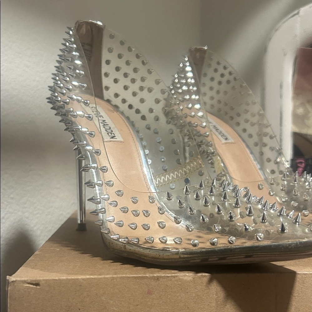 Steve Madden Clear and Silver Spiked Heels